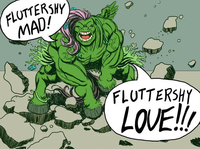 A Hulk parody depicting Flutterrage's monstrous transformation where her fury and desire for affection collide.