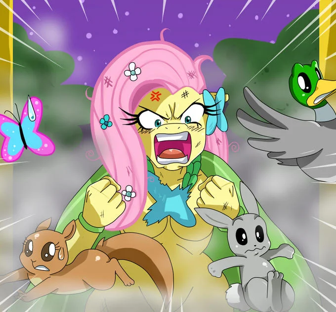 Sssonic2's 'Love Meh!' fan art capturing the terrifying force of Fluttershy's rage as her animal friends scatter.