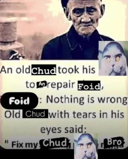 The Folk Valley cat repurposed in a 'Chud/Foid' bait-style meme template.