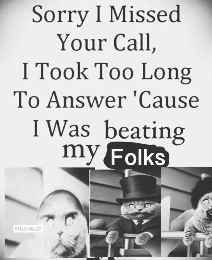 A 'sorry I missed your call' joke meme using the Folk Valley cat alongside other cat edits to play on the word 'folks'.