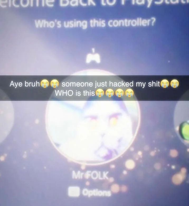 A Snapchat joke using the Folk Valley cat as a PlayStation profile picture for the user 'Mr FOLK'.