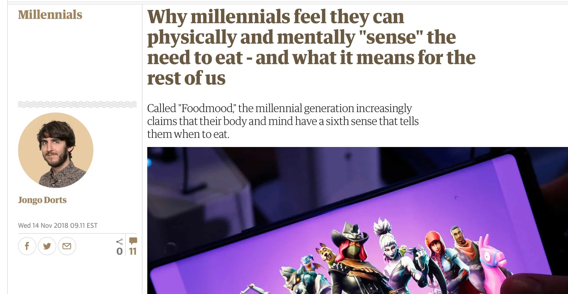 The satirical article by 'Jongo Dorts' that coined the term 'Foodmood,' claiming millennials have a sixth sense telling them when to eat.