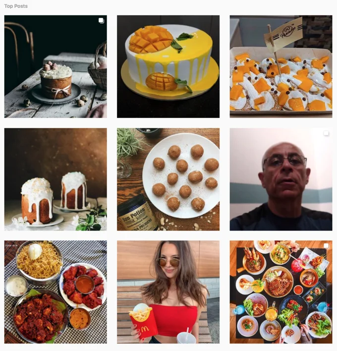 A grid of top Instagram posts using the #foodmood hashtag, showcasing the tag's widespread food-photography use.