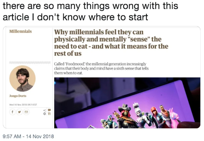 One of the viral reactions from November 2018 mocking the satirical Foodmood article.