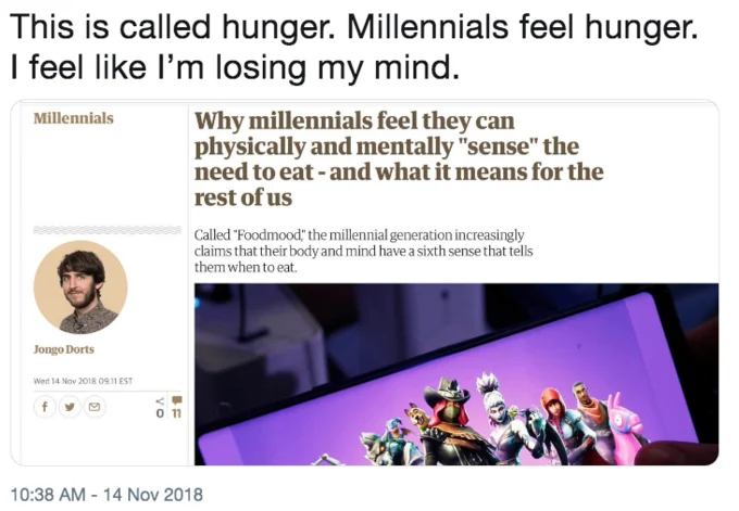 A widely shared reaction tweet mocking the Foodmood article by pointing out that the phenomenon is simply hunger.