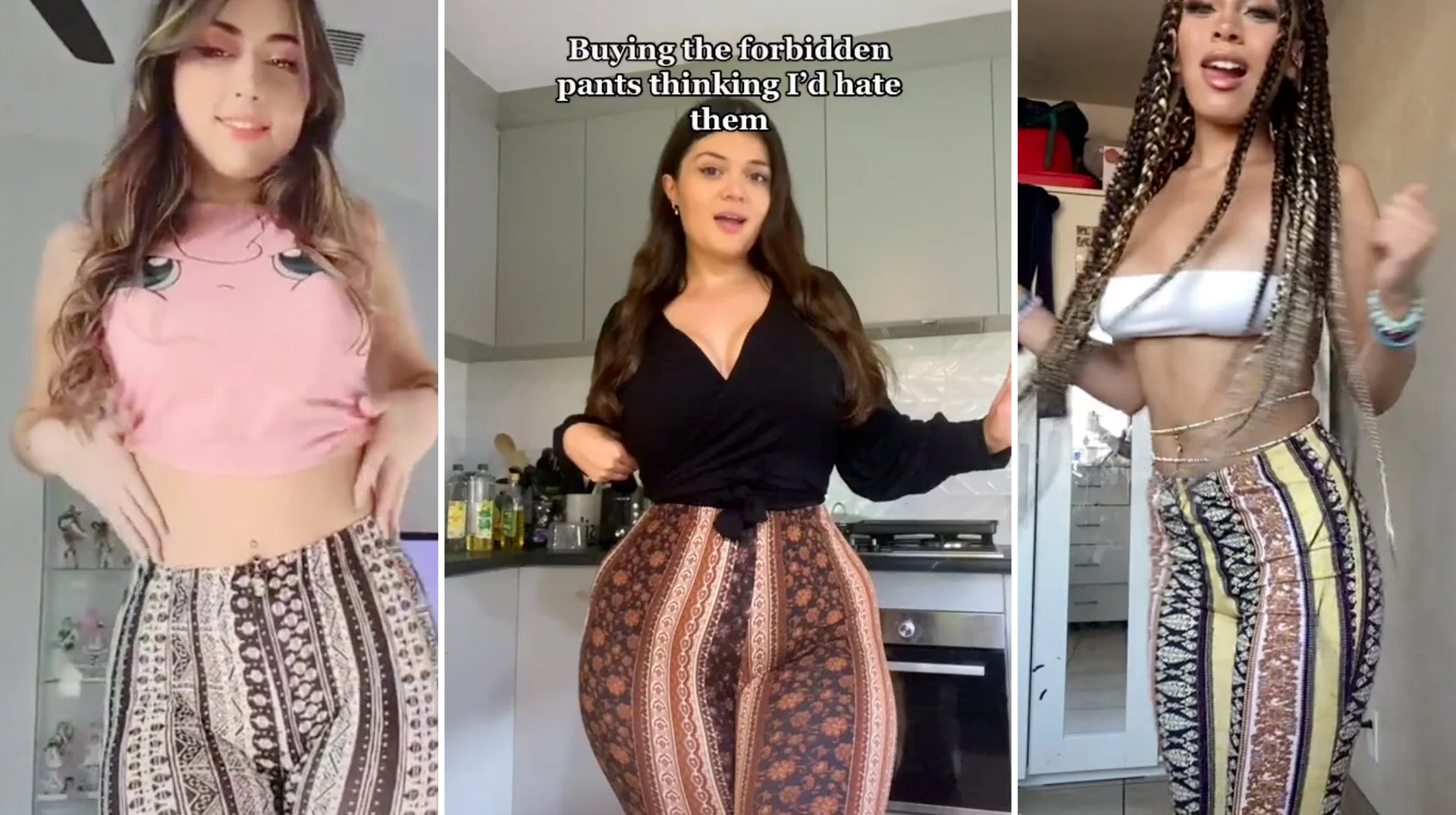 TikTok creators showing off the viral patterned bohemian trousers that inspired the 'forbidden pants' trend.