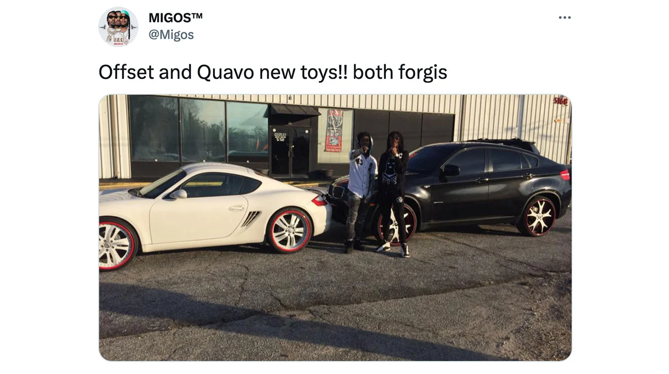 The 2015 Migos tweet that popularized the 'forgis' phrase, showing Offset and Quavo posing with their two vehicles fitted with Forgiato rims.