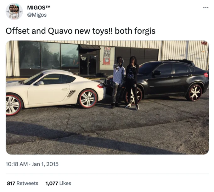 The original Migos tweet from January 1, 2015 that inspired the meme, with engagement stats showing 817 retweets and 1,077 likes.