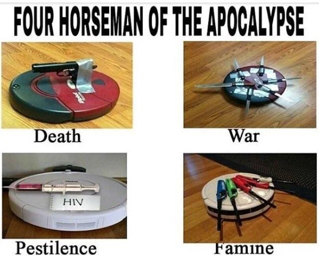 A viral variation depicting weaponized Roombas as the Four Horsemen of the Apocalypse — Death, War, Pestilence, and Famine.
