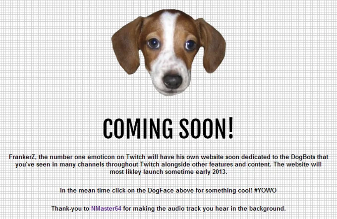 An early FrankerZ fan website 'Coming Soon' page announcing a dedicated site for the popular Twitch emote.
