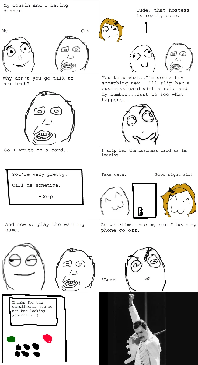 An early rage comic using the Freddie Mercury pose as a victorious final panel after a successful social interaction.