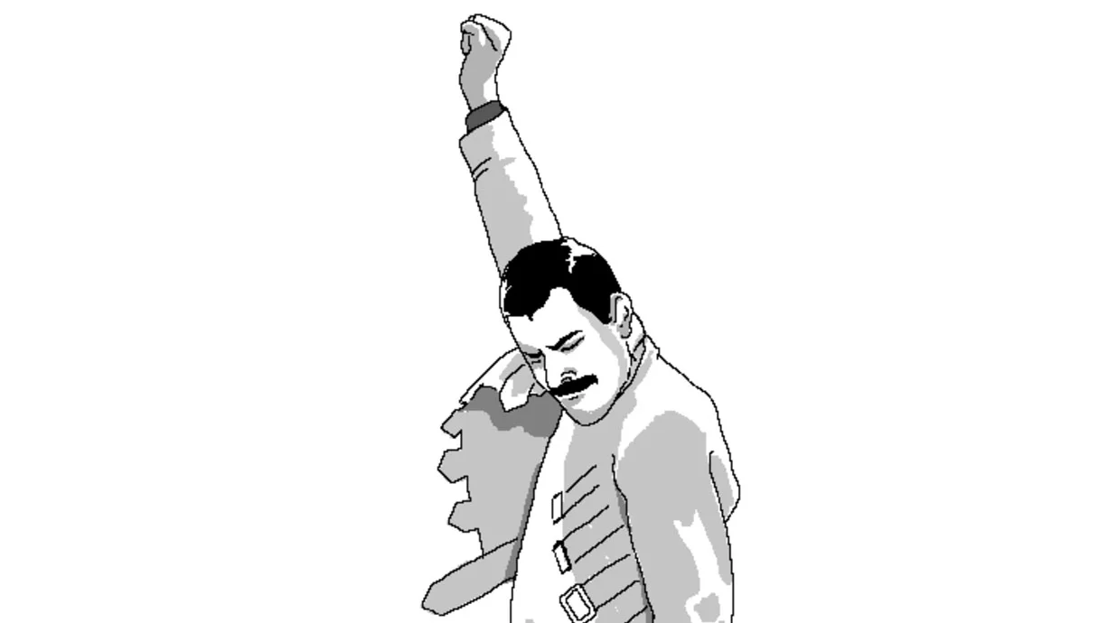 The iconic stylized rage-comic version of Freddie Mercury's triumphant fist-raise pose, commonly used as a 'victory' reaction image.