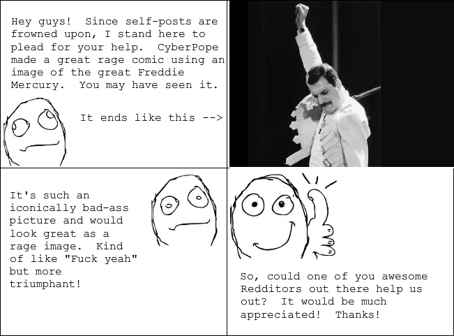 The Reddit rage comic post credited with sparking the community effort to turn the Freddie Mercury photograph into a reusable rage-comic reaction image.