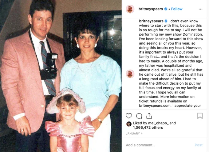 Britney Spears' January 2019 Instagram post announcing the cancellation of her Domination residency, which sparked fan concern and helped ignite the #FreeBritney movement.