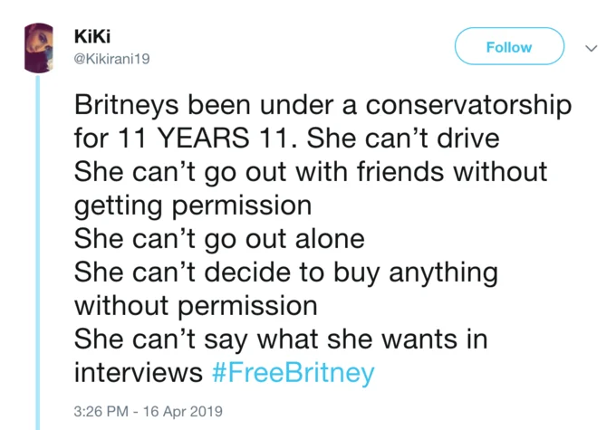 A viral April 2019 tweet detailing the restrictions Britney Spears faced under her conservatorship, helping spread awareness of the #FreeBritney cause.