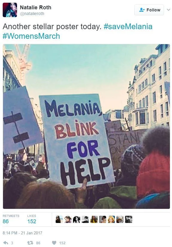 A Women's March protest sign referencing the #FreeMelania meme, shared on Twitter in January 2017.