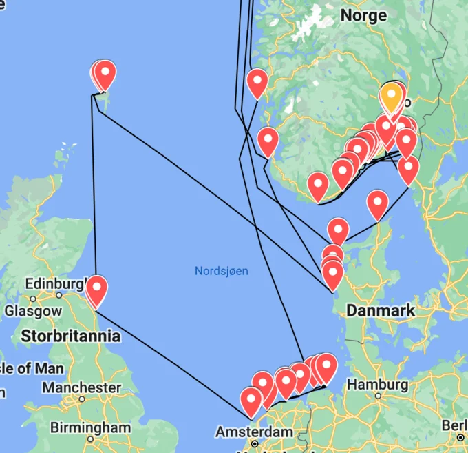 A map tracing Freya's wanderings across the North Sea, with sightings recorded in the United Kingdom, the Netherlands, Denmark, Sweden and Norway.