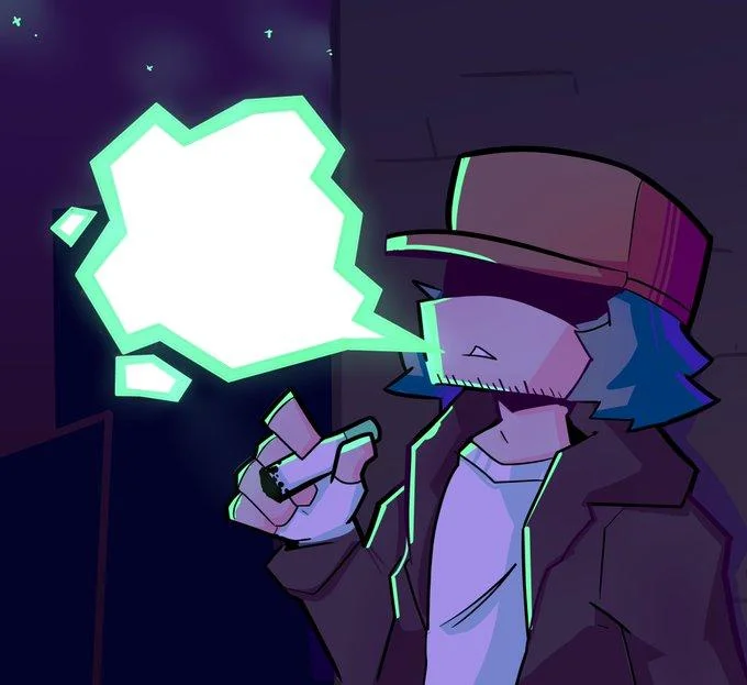 Atmospheric fan art of a Friday Night Funkin' mod character in a shadowy nighttime scene.
