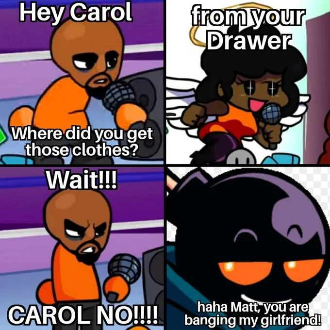 A popular four-panel meme featuring Matt, Carol, and Whitty from various Friday Night Funkin' mods.