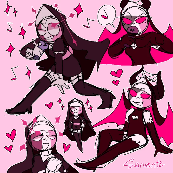 A page of fan sketches showcasing Sarvente in various poses from the Mid-Fight Masses mod.