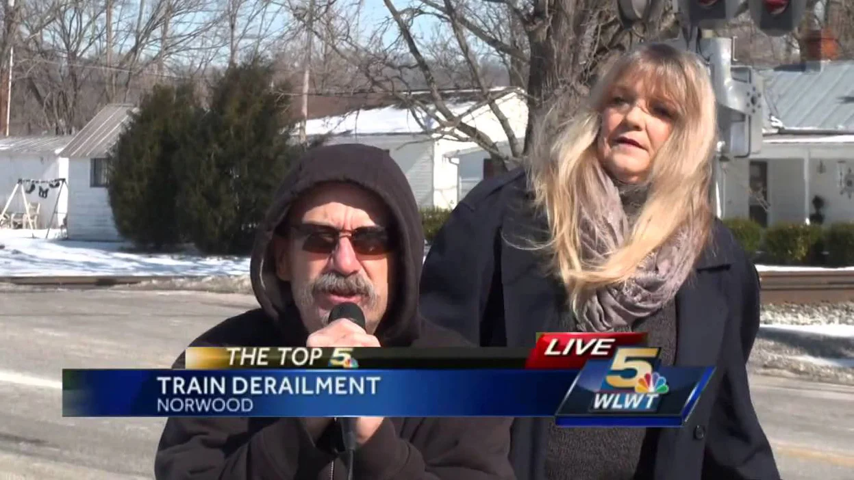 The original WLWT News 5 live report from Norwood on the train derailment where the 'Fuck Her Right In The Pussy' catchphrase was first shouted on air in early 2014.