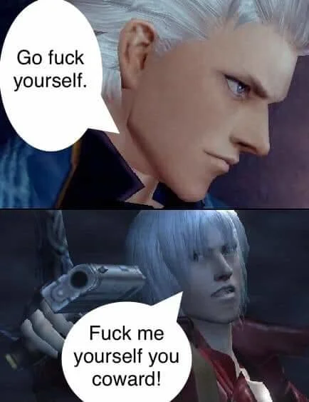 A Devil May Cry fandom variant featuring Vergil and Dante in the exchange.