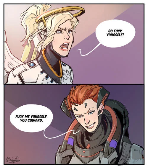 The complete two-panel Overwatch fan comic by Afterlaughs featuring Mercy and Moira that popularized the phrase.