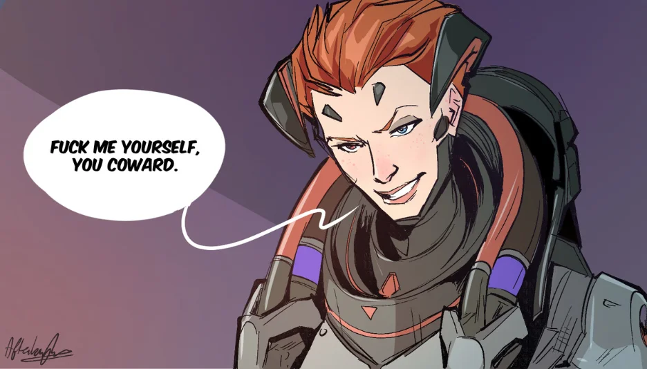 The original fan art by illustrator Afterlaughs depicting Overwatch's Moira delivering the now-iconic retort.