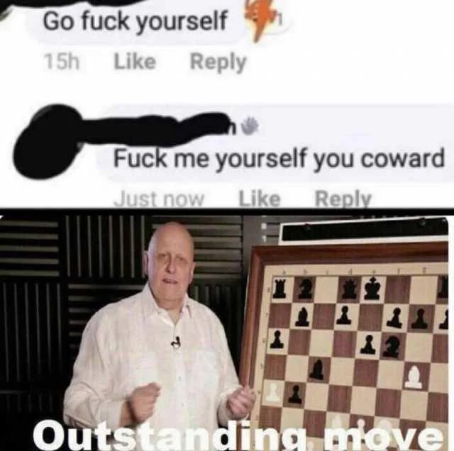 A remix combining the original Facebook exchange with the 'Outstanding Move' chess reaction format.