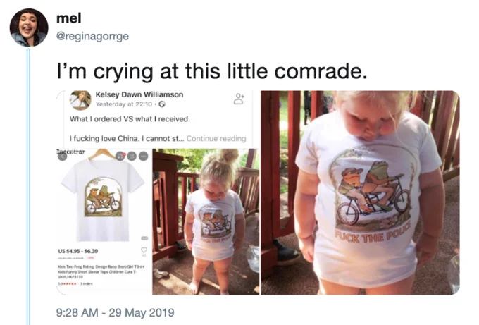The viral Kelsey Dawn Williamson Facebook post about a misprinted 'Frog and Toad Fuck the Police' children's t-shirt.