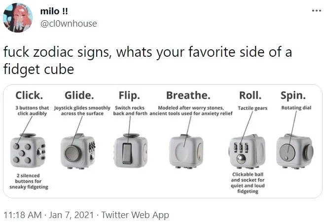 A 2021 tweet applies the meme to fidget cube preferences with a diagram of all six sides.