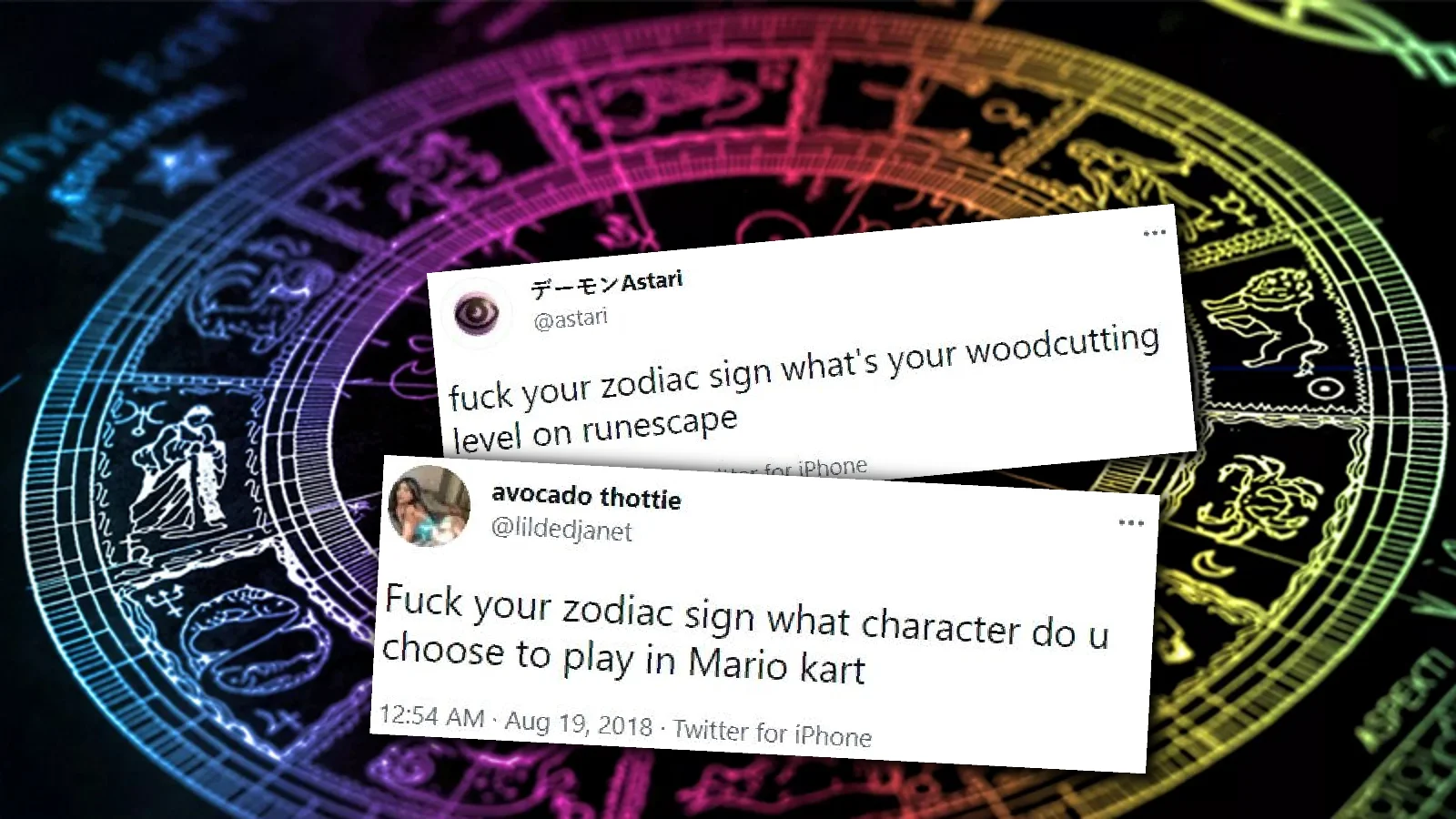 Cover image for the 'Fuck Your Zodiac Sign' meme, showing viral Twitter examples layered over a colorful astrological chart.