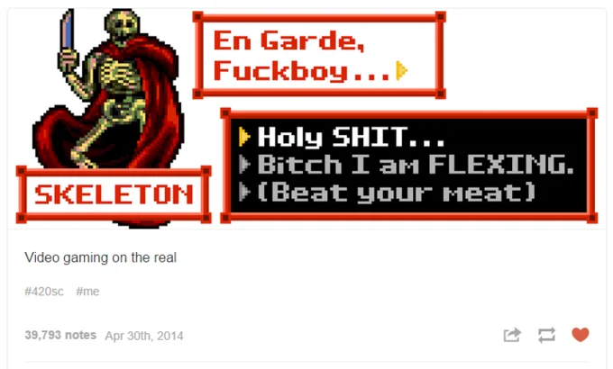 The viral April 2014 Tumblr post that popularized the skeleton 'En Garde, Fuckboy' meme, gaining nearly 40,000 notes.