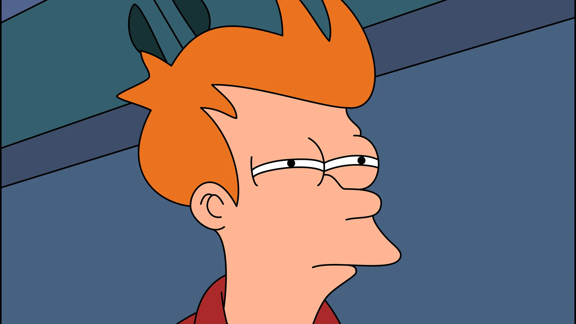The original Futurama screenshot of Fry's skeptical squint that became the basis of the 'Not Sure If' meme.