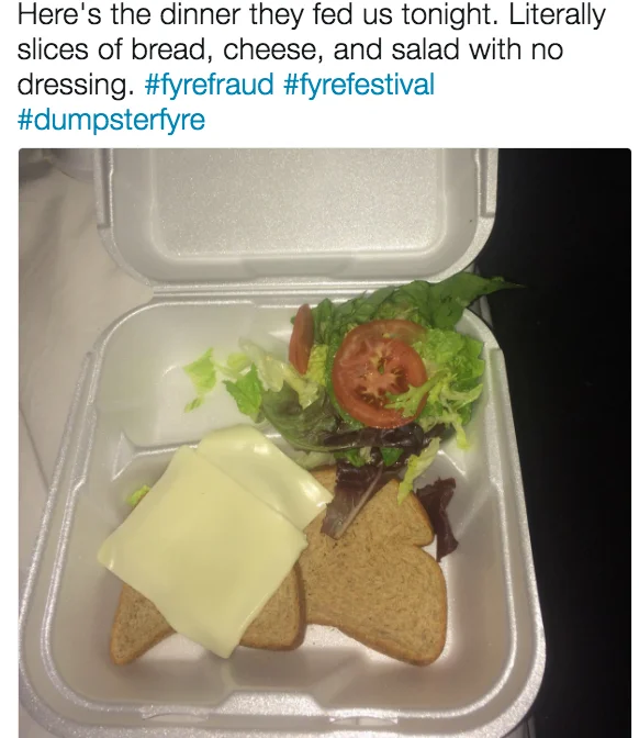 The infamous cheese-sandwich dinner served to Fyre Festival attendees, which went viral as a symbol of the event's failure.