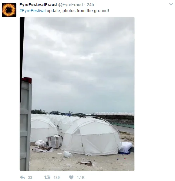Photos posted from the ground showing the FEMA-style relief tents that greeted attendees instead of promised luxury villas.