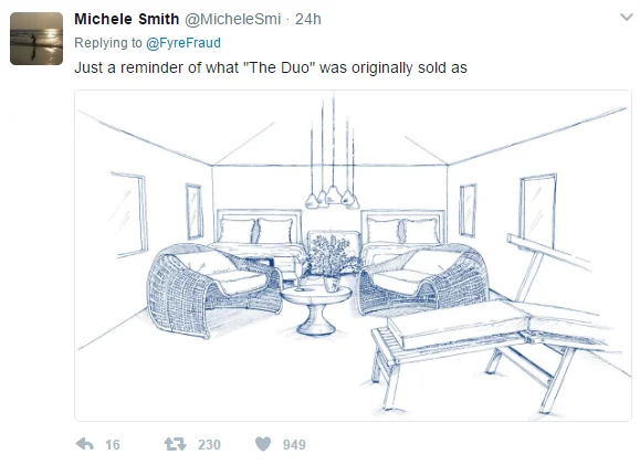 Fyre Festival's marketing sketch of 'The Duo' villa, contrasted online with the reality of bare disaster-relief tents.