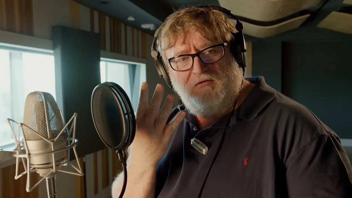 Gabe Newell, affectionately known as 'Gaben' by fans, recording in a studio setting.