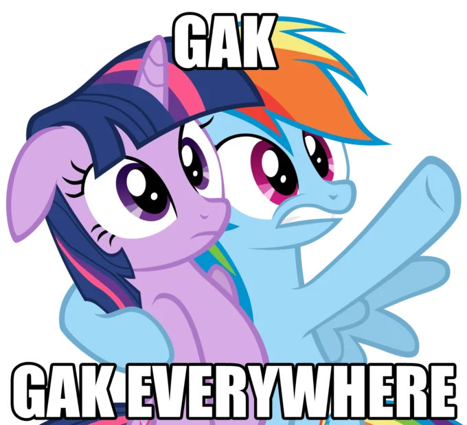 A 'Gak, Gak everywhere' image macro using Twilight Sparkle and Rainbow Dash.