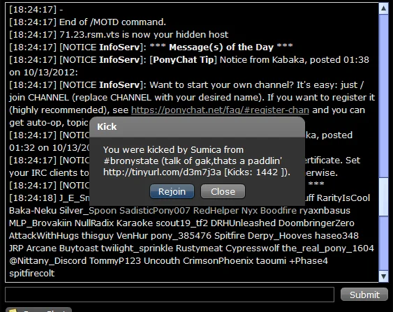 A PonyChat IRC kick notice showing how heated Gak discussion became in the brony community.