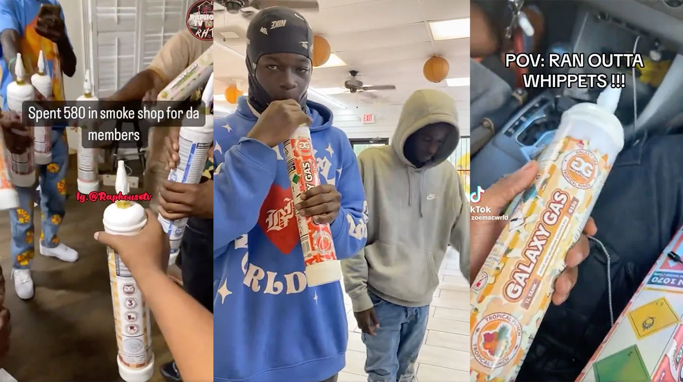 A composite of viral TikTok clips showing users flaunting oversized Galaxy Gas whippet canisters, exemplifying the trend at the heart of the meme.