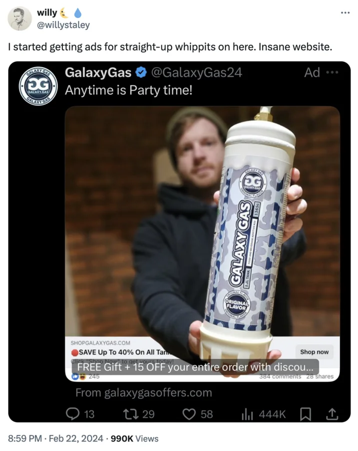 A widely shared tweet highlighting Galaxy Gas's aggressive social media advertising, which drew public attention to the brand's marketing of recreational whippets.
