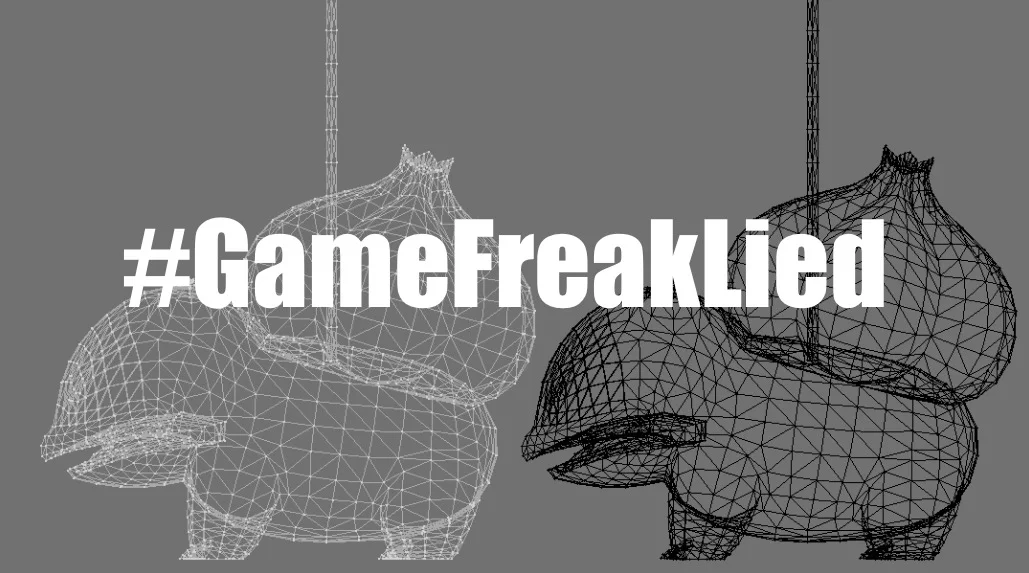 The #GameFreakLied hashtag image used as the meme's cover, comparing Pokemon Sword and Shield model wireframes.