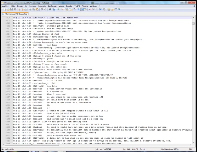 A portion of the leaked #burgersandfries IRC channel logs that Zoe Quinn released in September 2014, which she claimed showed coordinated GamerGate planning.