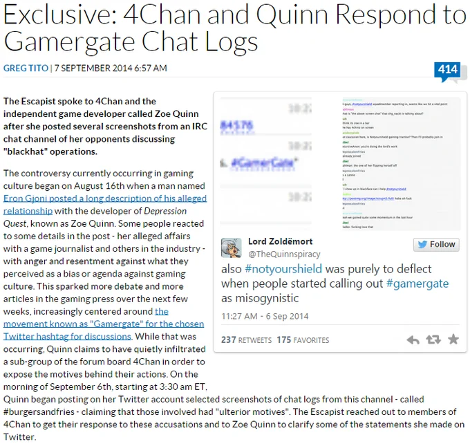 The Escapist's September 2014 report on 4chan's and Zoe Quinn's responses to the leaked #burgersandfries chat logs.