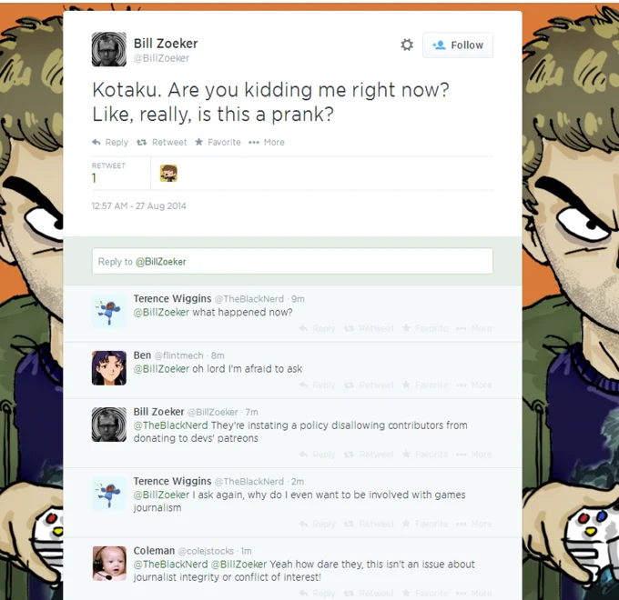 Early Twitter reactions to Kotaku's policy on staff donations to developers' Patreons, an incident that fed into the broader GamerGate debate over games journalism ethics.