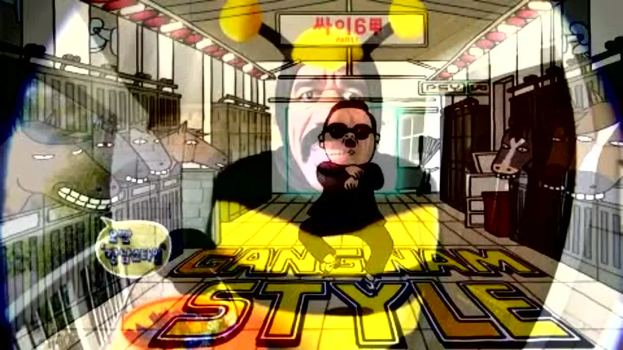 PSY dancing with horses in stable.