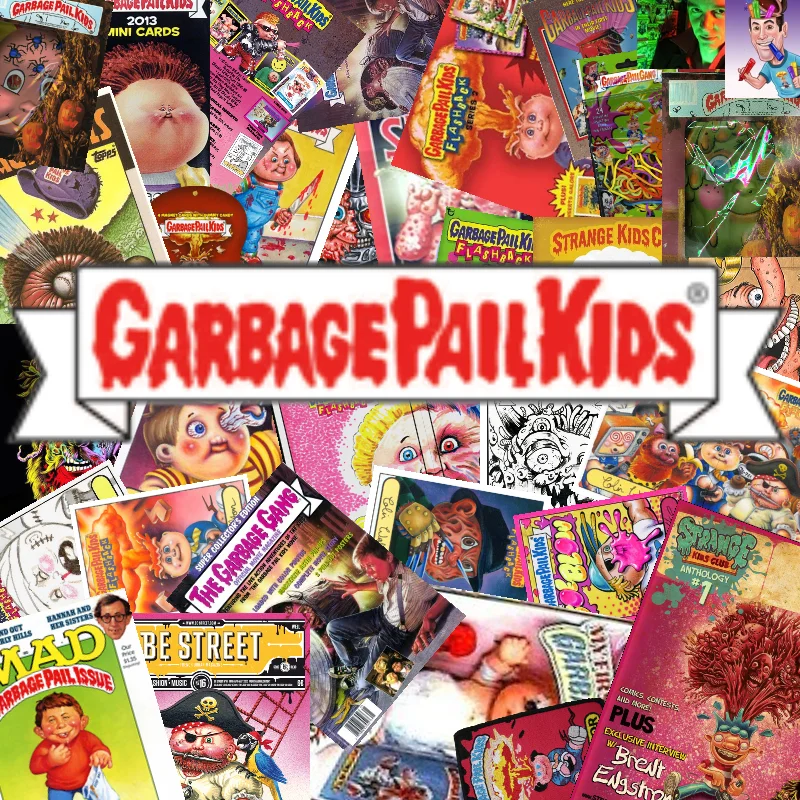 The iconic Garbage Pail Kids logo layered over a collage of the franchise's cards, comics, and collectibles.