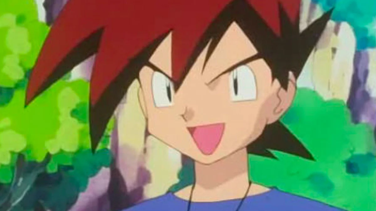 Gary Oak as he appears in the Pokémon anime series, sporting his iconic smug grin and spiky hair.