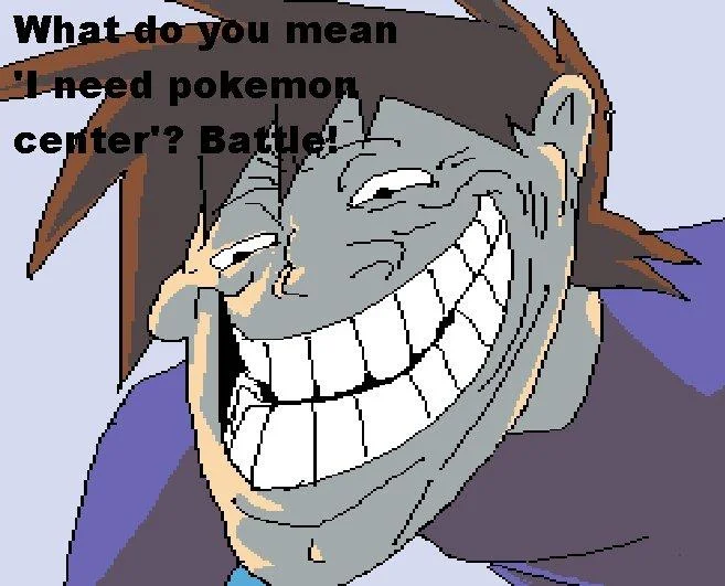 A distorted Gary Oak reaction meme mocking his aggressive challenges to battle even when weakened Pokémon trainers pass by.